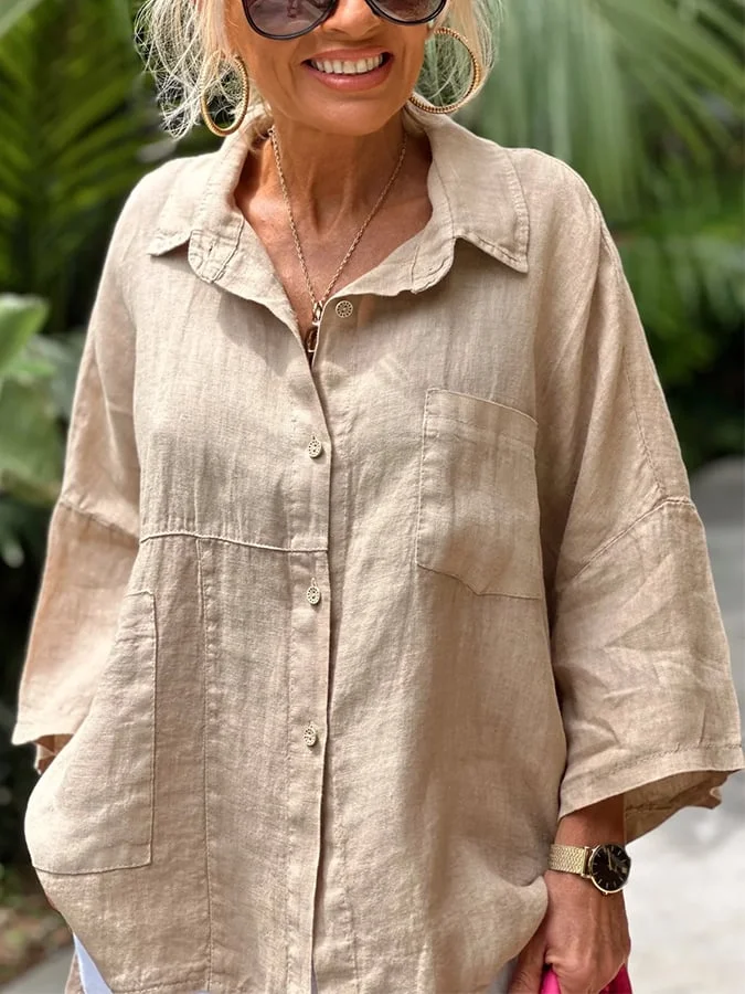 Women's Cotton Linen Loose Lapel Pocket Drop Shoulder Nine Point Sleeve Shirt