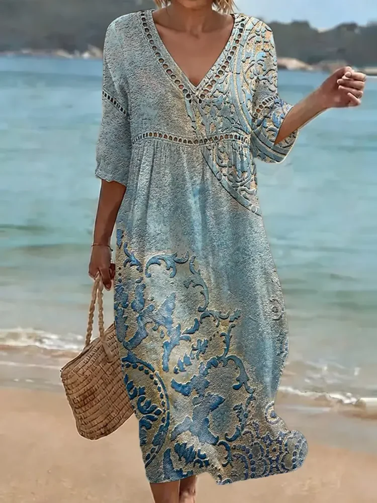 Women's Retro Floral Pattern Art Print Casual Stylish Cotton Linen Dress