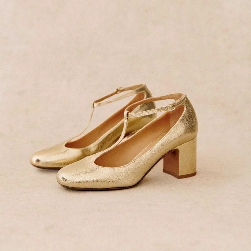 Golden Metallic Vegan Leather Buckle Fastening T-Strappy Heeled Mary Janes    Nicepairs