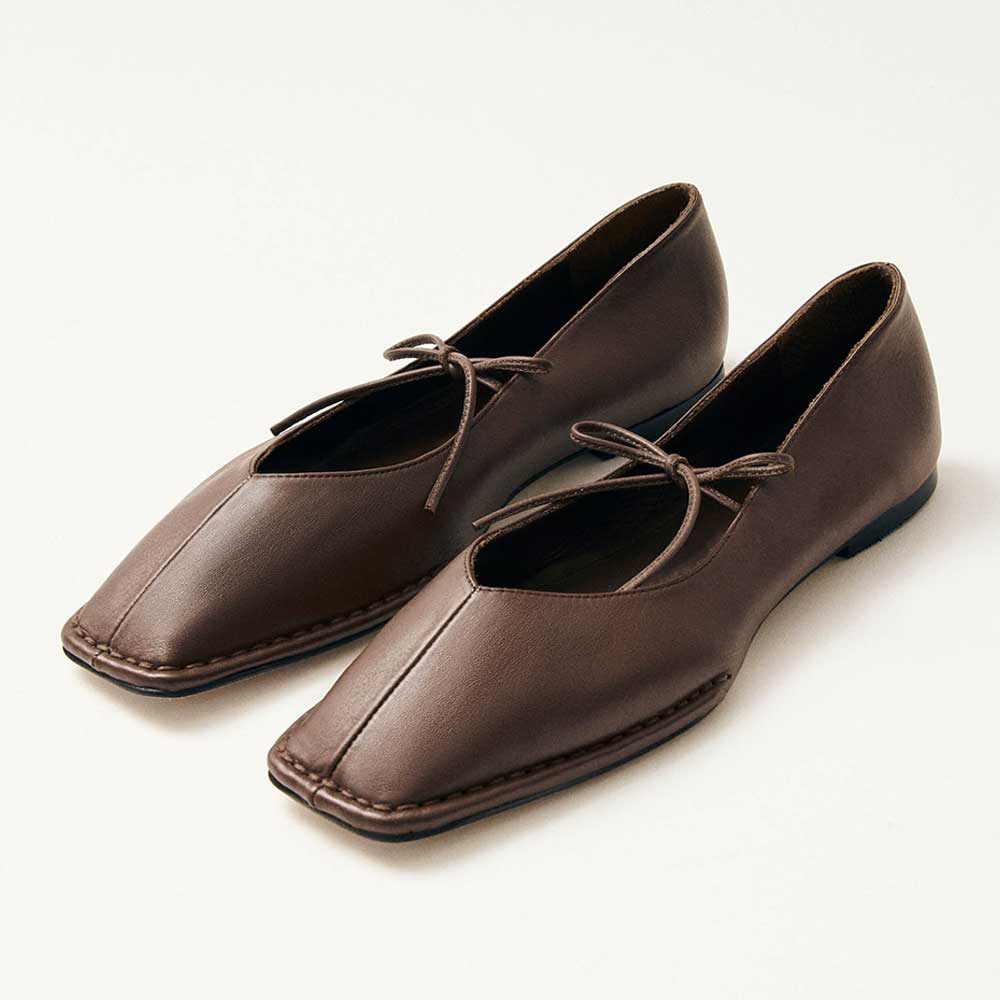 Brown Vegan Leather Closed Square Toe Ballet Flat Shoes with Strap Nicepairs