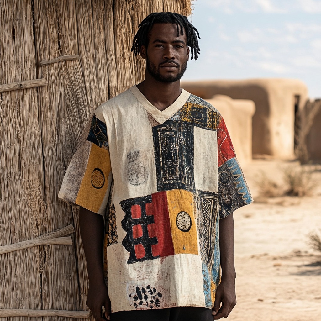 Men's African Mudcloth Tribal Geometric Art Print Linen T-shirt