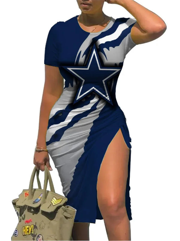 Dallas Cowboys Women High Slit Dress Bodycon Slide Split Dress Slim Fit  T-Shirts