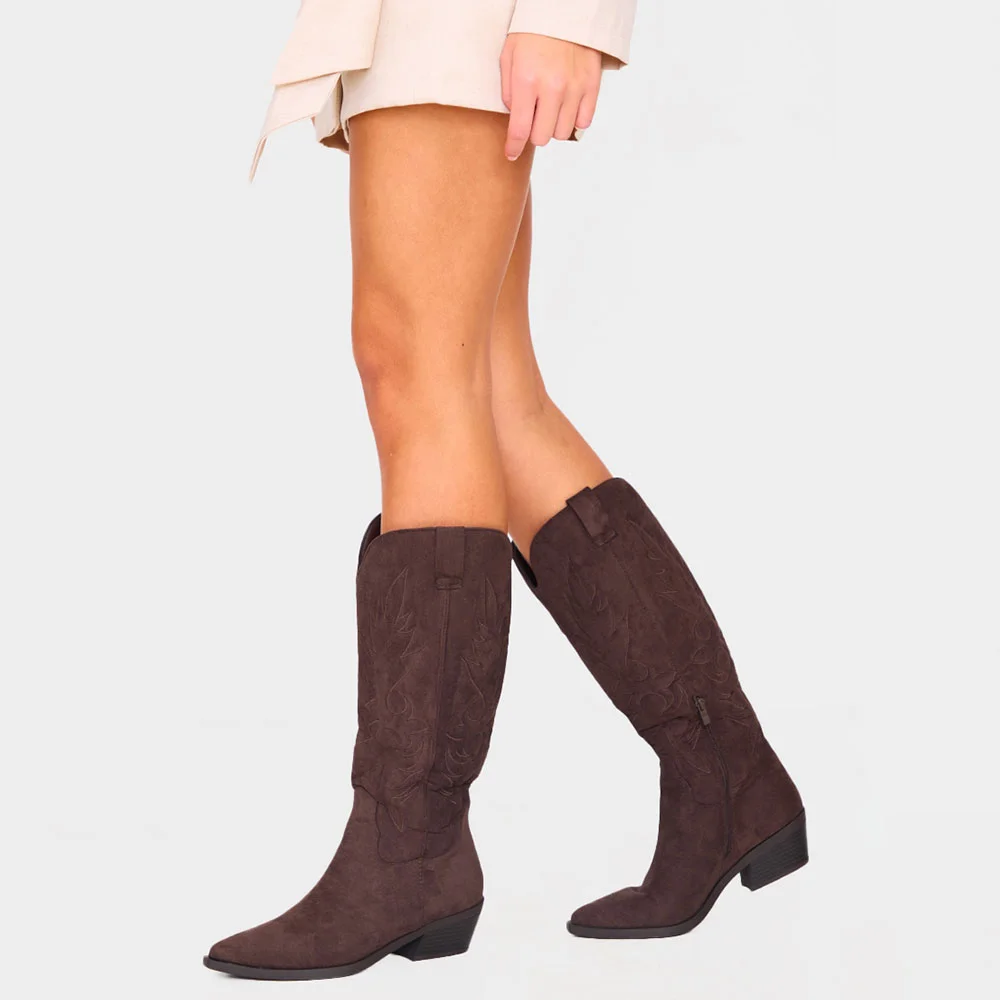 Dark Brown Vegan Suede Pointed Toe Chunky Heel Mid Calf Cowgirl Boots