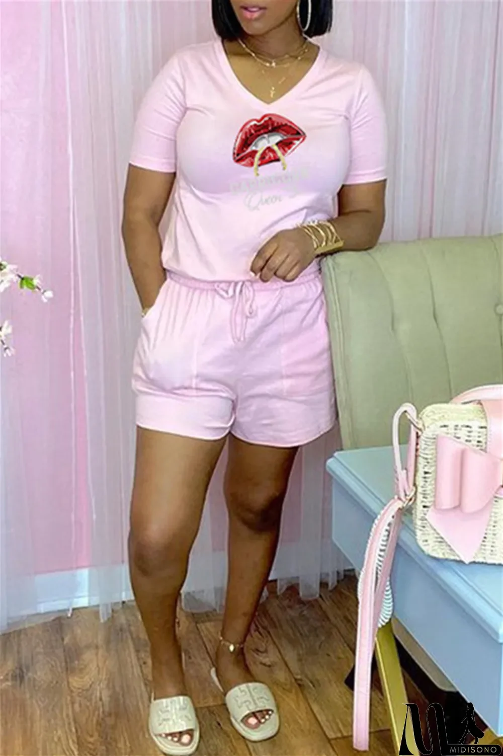 MidiSono - Rose Red Fashion Casual Lips Printed Basic V Neck Short Sleeve Two Pieces