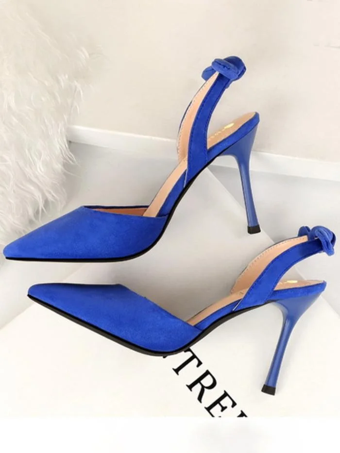 Fashion stiletto suede shallow mouth pointed toe hollow back strap small bow sandals