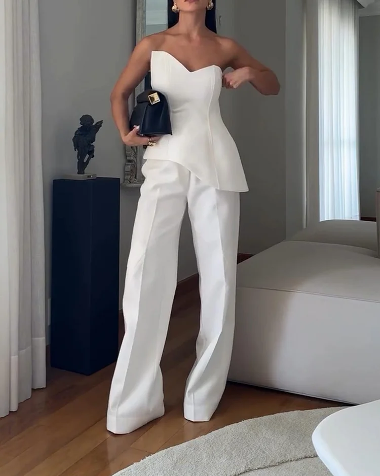 Women's solid color trousers tube top vest suit