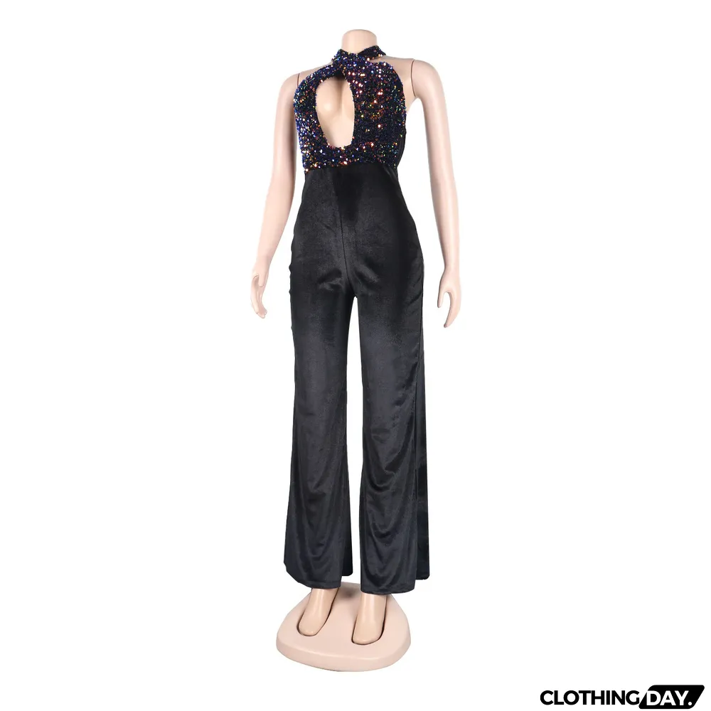 Sexy Sequins Halter Neck Lace-Up Jumpsuit Clubwear