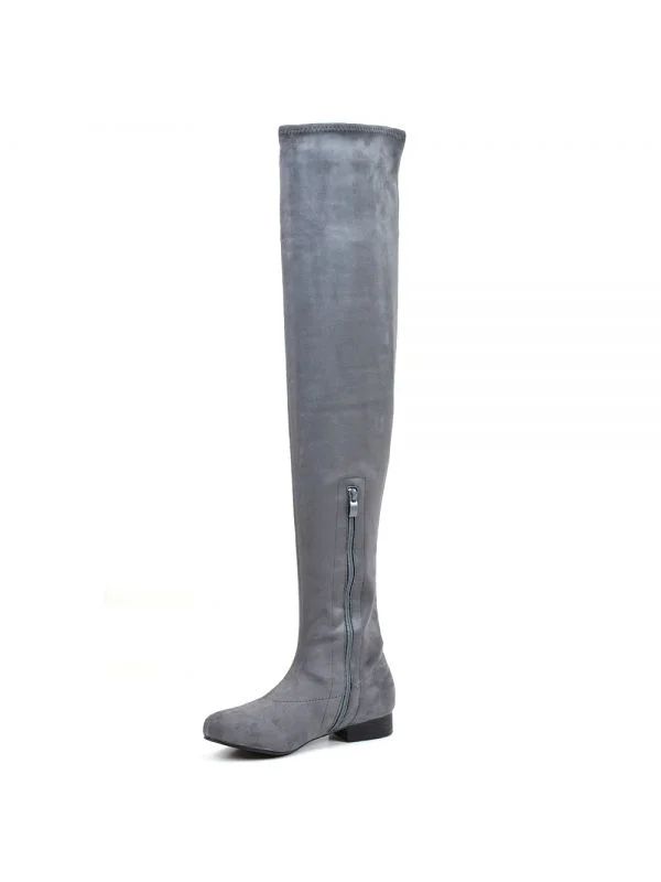 Grey Vegan Suede Long Boots Flat Over-the-knee Boots |FSJ Shoes