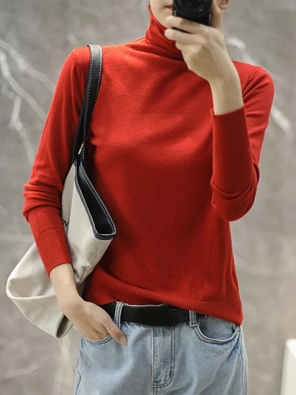 Simple Loose Long Sleeves Solid Color High-Neck Pullovers