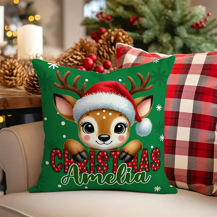 Personalized Cute Santa Hat Animal Soft Throw Pillow Cover with Name Home Decor Christmas Gift for Kids Family