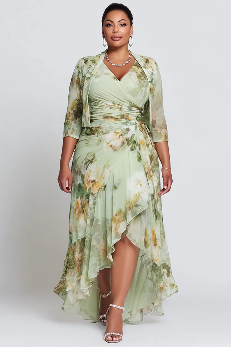 Xpluswear Design Plus Size Mother Of The Bride Sage Green Floral Wrap Neck 3/4 Sleeve Fold Asymmetric Hem Chiffon Two Piece Dress Set [Pre-Order] 2024 - Xpluswear