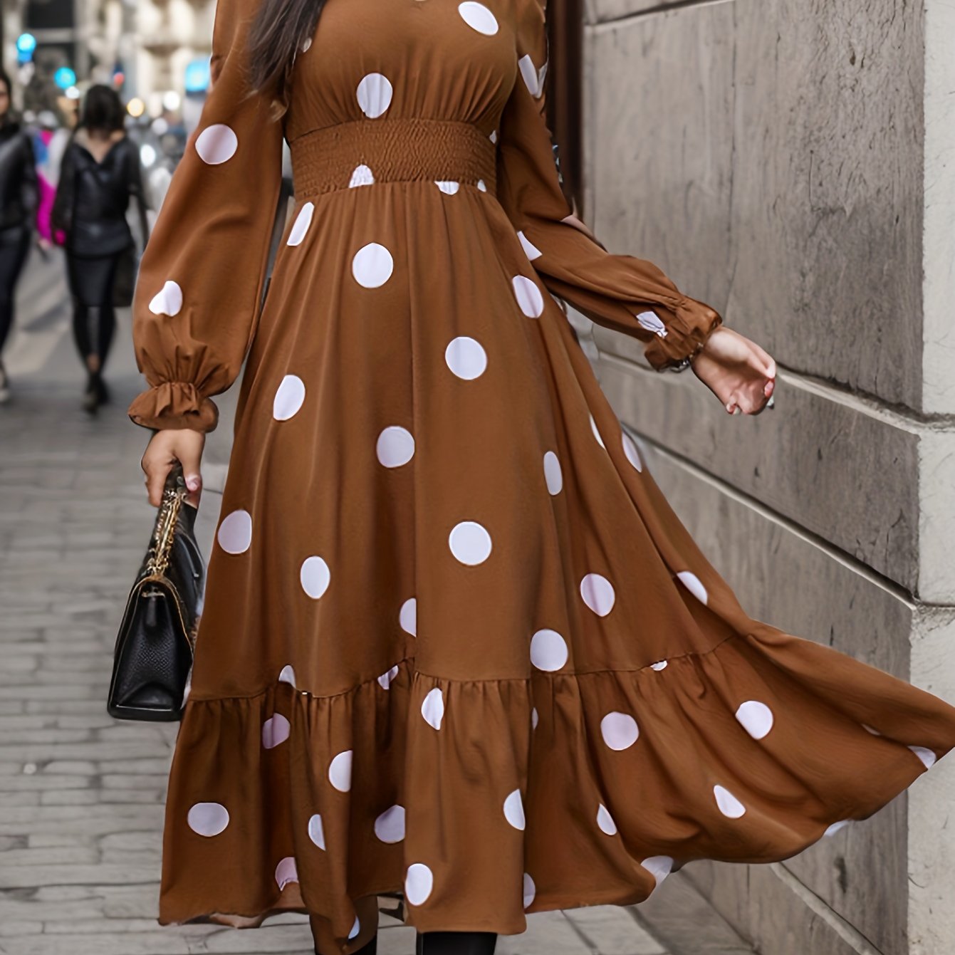 Polka Dot Print Shirred Waist Dress, Casual V Neck Long Sleeve Ruffle Hem Dress, Women's Clothing