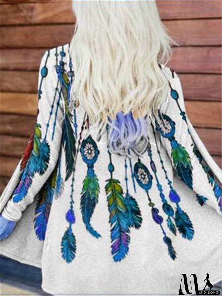 MidiSono - Casual Style Feather Floral Printed Long Sleeve Open Front Tops