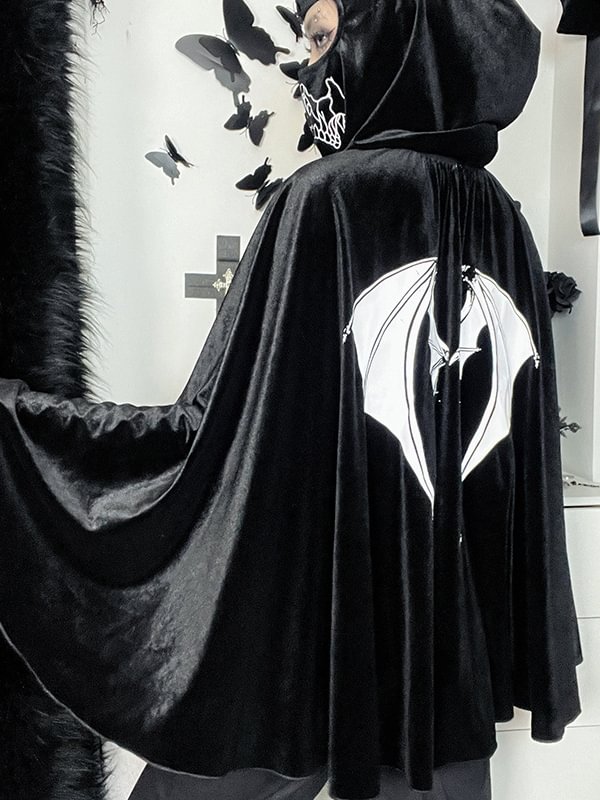 Halloween Velvet Bat Embroidered Cape with Skull Mask