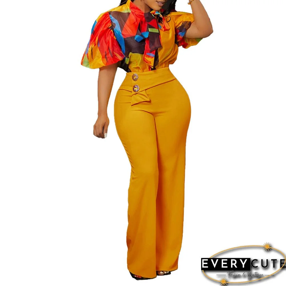 Yellow Red Floral Blouse with Wide Leg Pants Set