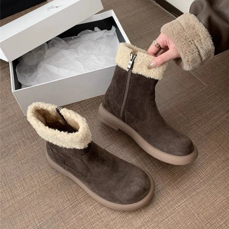 Yyvonne Boots Women Winter New Sen Series Retro Plus Velvet Cotton Shoes Flat Hair Short Boots Woman