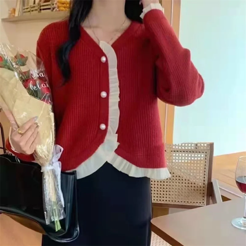 Ueong Ueong French Retro V-Neck Gentle Temperament Small Fragrant Wind Jacket Flounce Stitching Chiffon Knit Sweater Woman