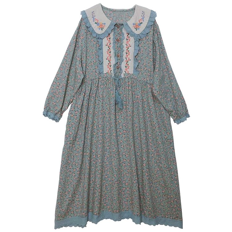 Queenfunky cottagecore style 100% Cotton Farmcore Floral Print Dress With Drawstring QueenFunky