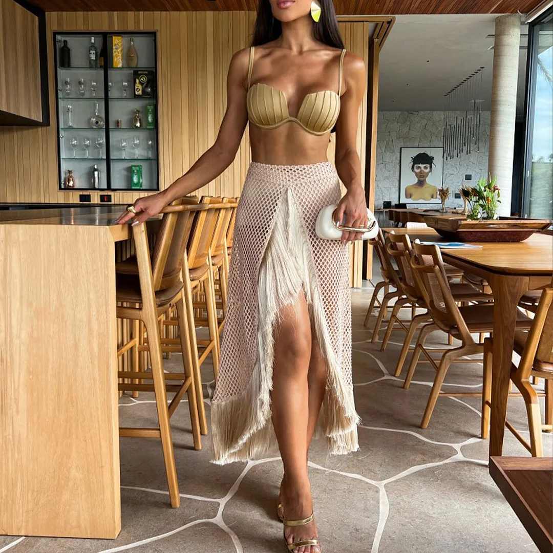 Uveng 2025 New Bikini Half-Body Net Skirt Tuxedo Three-Piece Sexy Split Swimsuit Beach