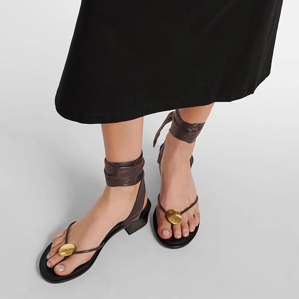 Brown Open Round Toe Hardware Block Heel Wrap Strap Flip Flops Women 