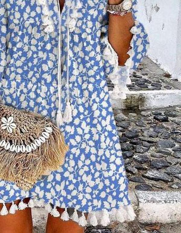 Chic Blue Printed V-Neck Loose Tassel Dress--vocosishoes