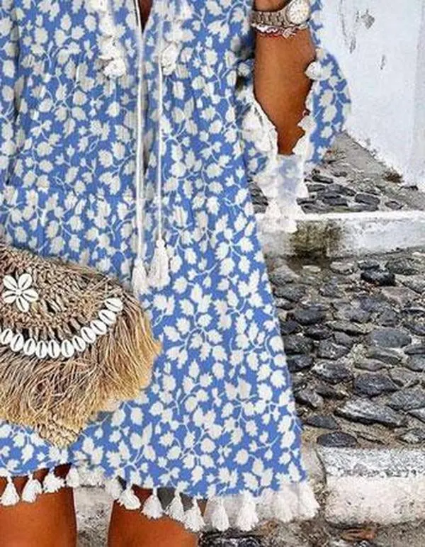 Chic Blue Printed V-Neck Loose Tassel Dress--vocosishoes