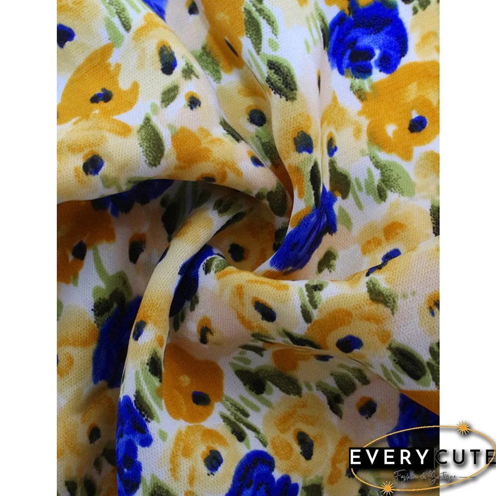 Yellow Sleeveless Halter Floral Dress with Belt