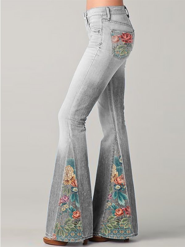 New Fashion Gradient Floral Print Jeans Flared Pants