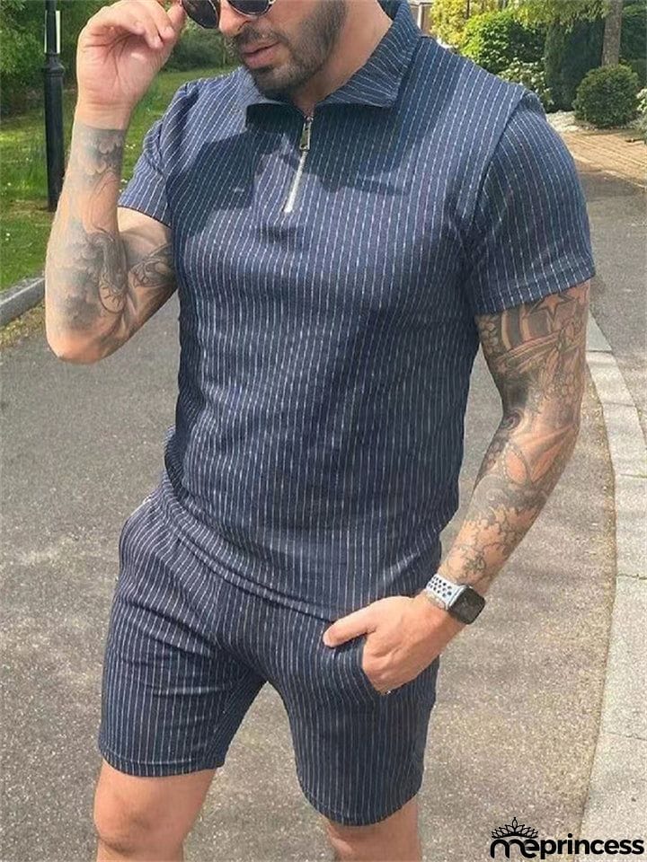 Men's Vertical Stripe Short Sleeve Pullover Loose Sets for Holiday