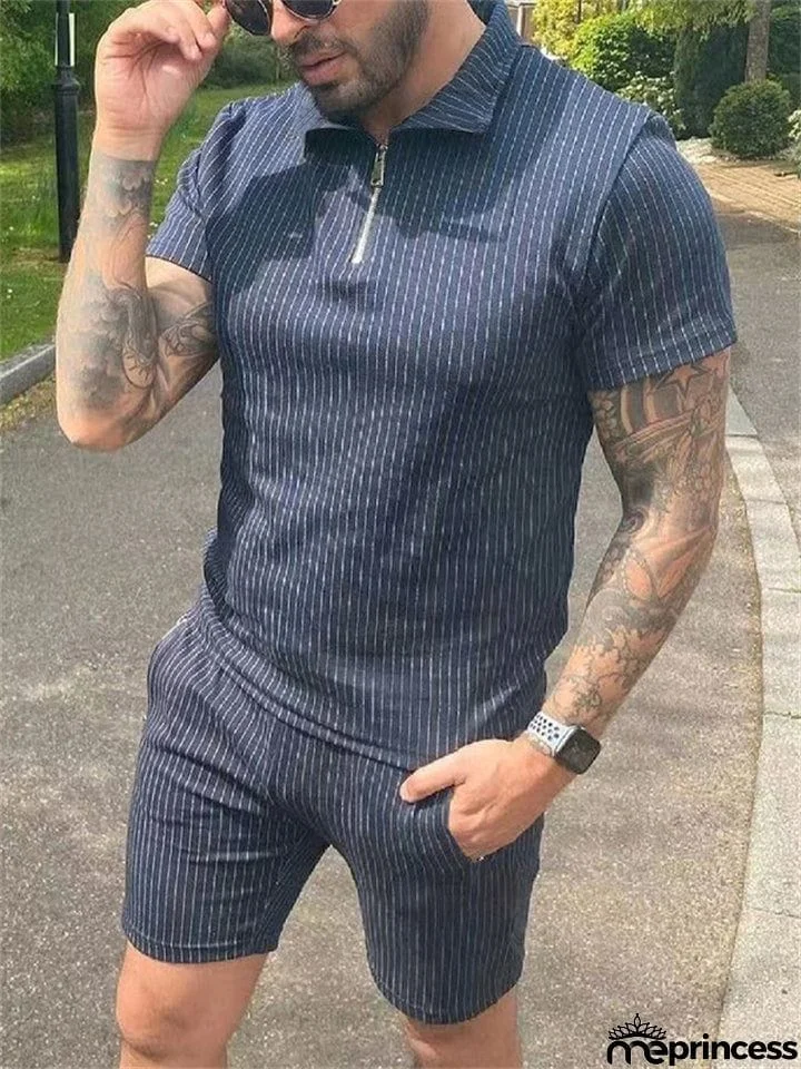 Men's Vertical Stripe Short Sleeve Pullover Loose Sets for Holiday
