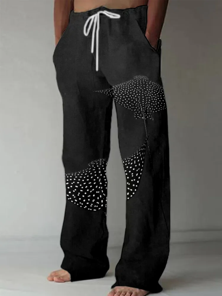 A Pair of Eagle Rays Art Linen Blend Casual Pants