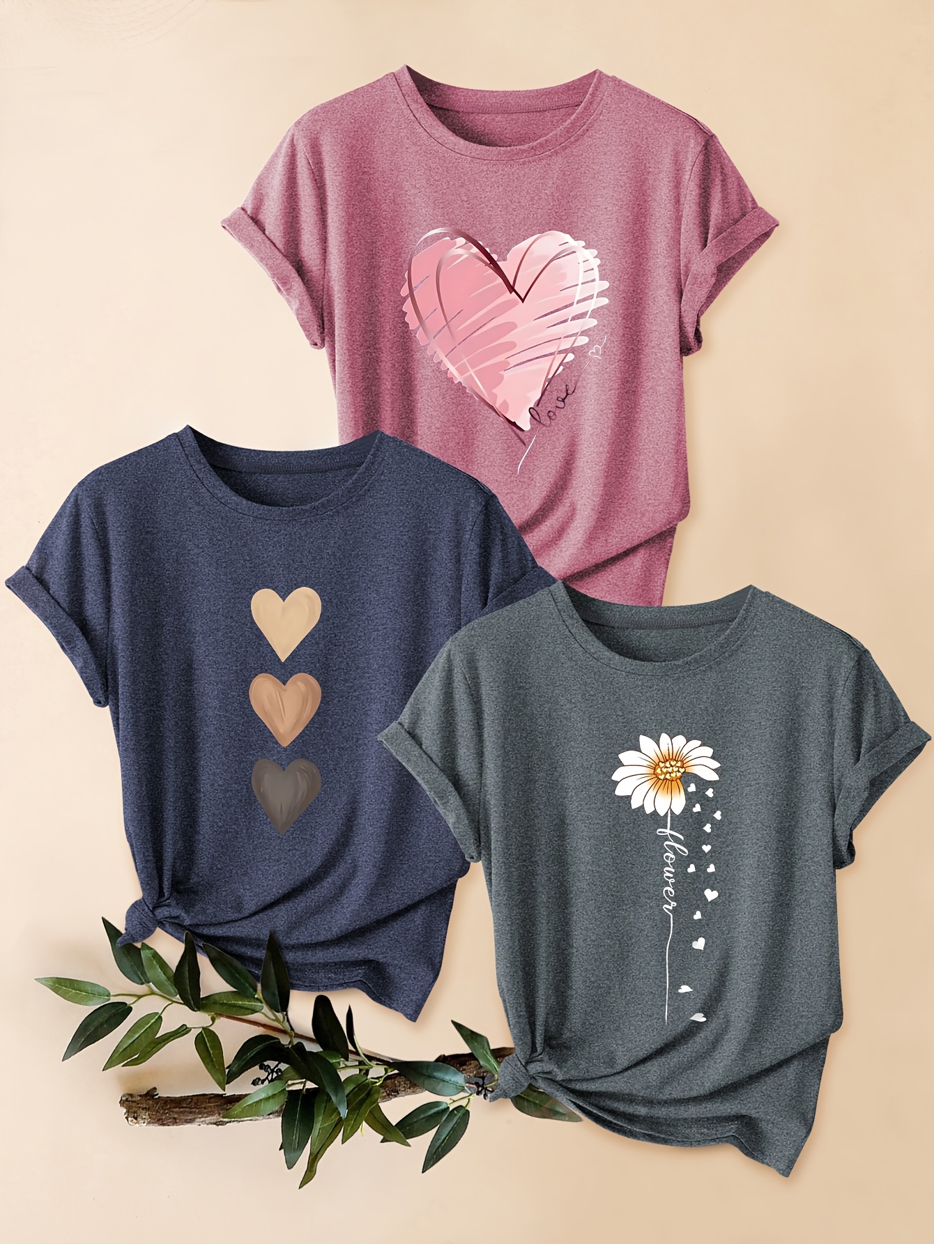 3pcs Women's Vintage-Inspired Graphic Tees - Floral & Heart Print Casual Short Sleeve T-Shirts, Soft Stretch Round Neck Tops For Spring Summer Fall, Olive Green, Teal & Lavender, Seasonal Fashion, Artistic Design, Lightweight Tee, Printed Top | IFYHOME