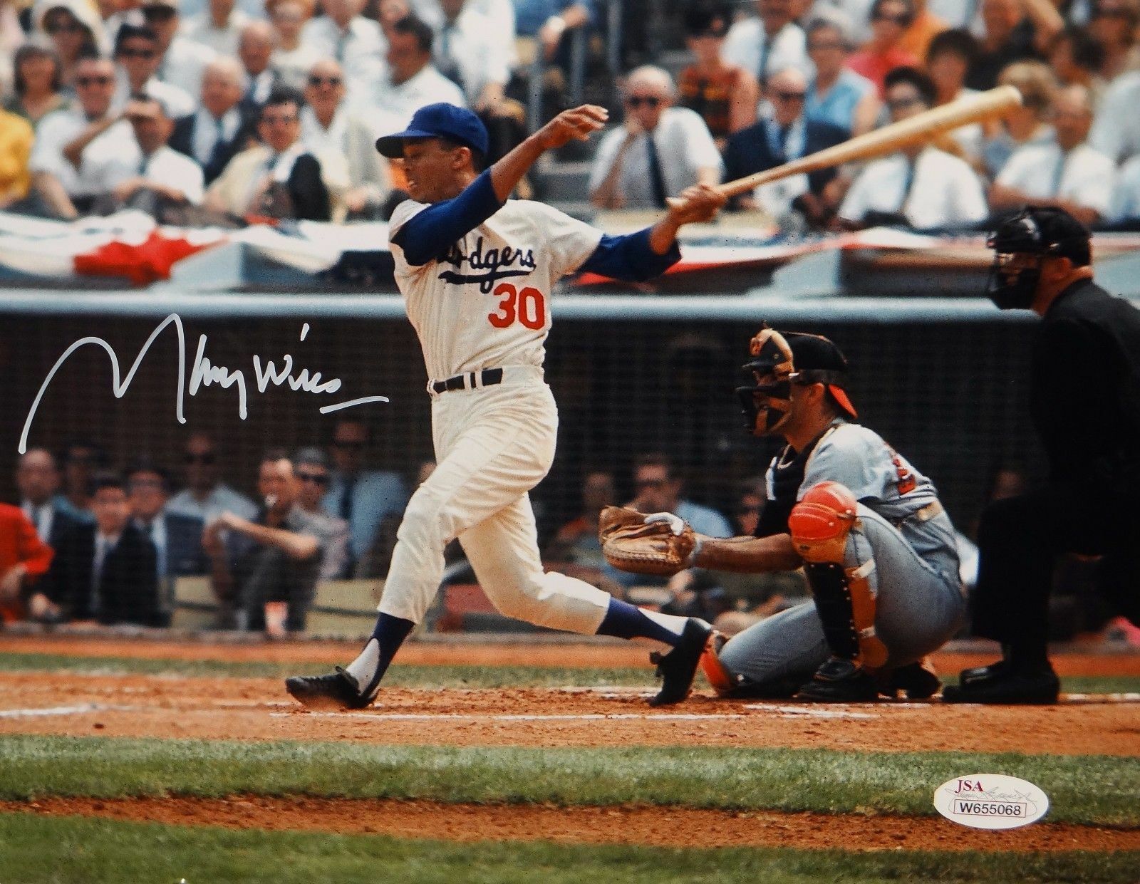 Maury Wills Autographed LA Dodgers 8x10 Swinging Photo Poster painting- JSA W Auth