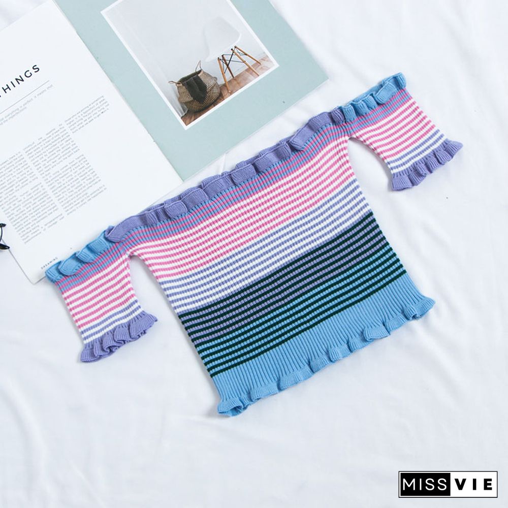 Heliar Women Rainbow Stripes Tops Female Off Shoulder Tops Women's Clothing Ruffles Hem Tees Lady Sexy Tops For Women T-Shirts