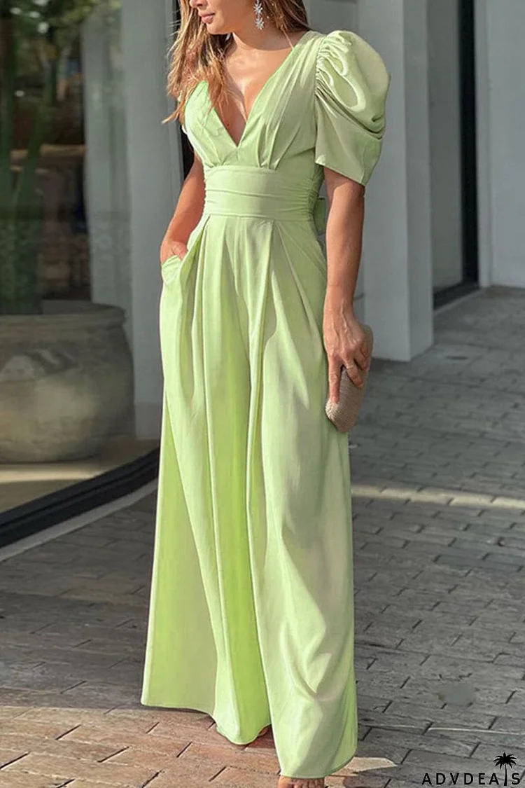 Elegant Solid Backless Solid Color V Neck Jumpsuits