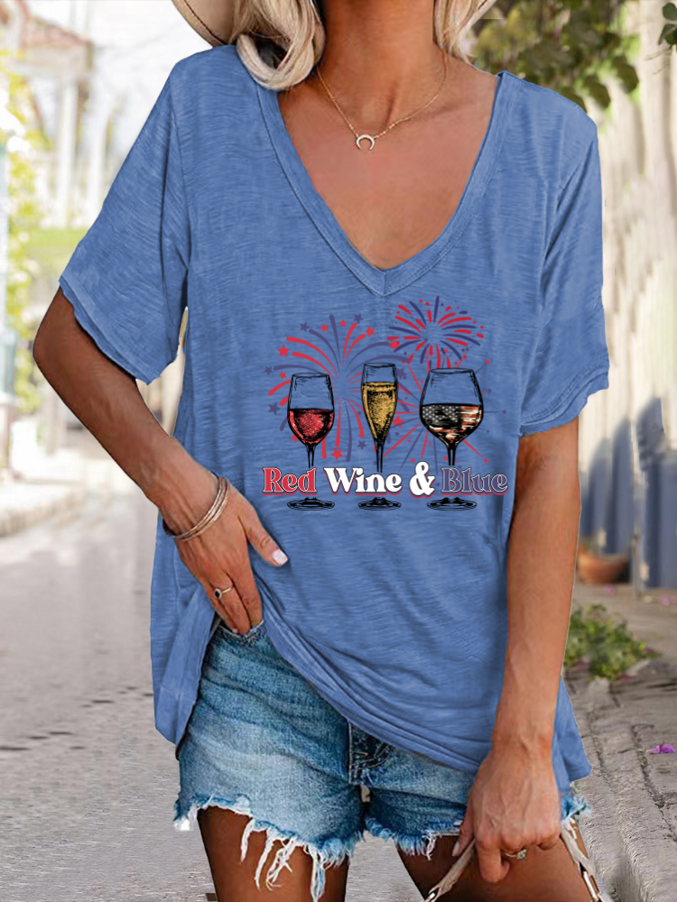 Red Wine and Blue 4th July Celebration With Firework Casual Deep V Neck Short Sleeve T-Shirt