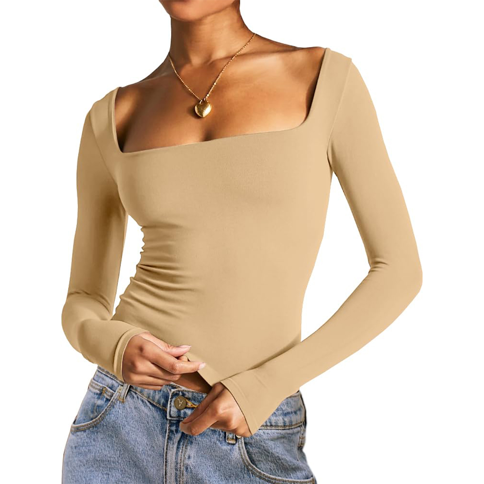 Metzwheels fall casual outfits women 2025 Women's Summer Slim Cropped Tops Solid Color Long Sleeve Square-Neck Basic T-Shirt Streetwear