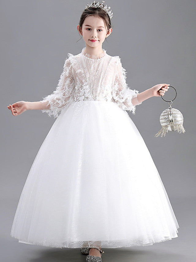 Oknass Ball Gown Long Sleeve Jewel Neck Floor Length Flower Girl Dress Lace Tulle With Appliques