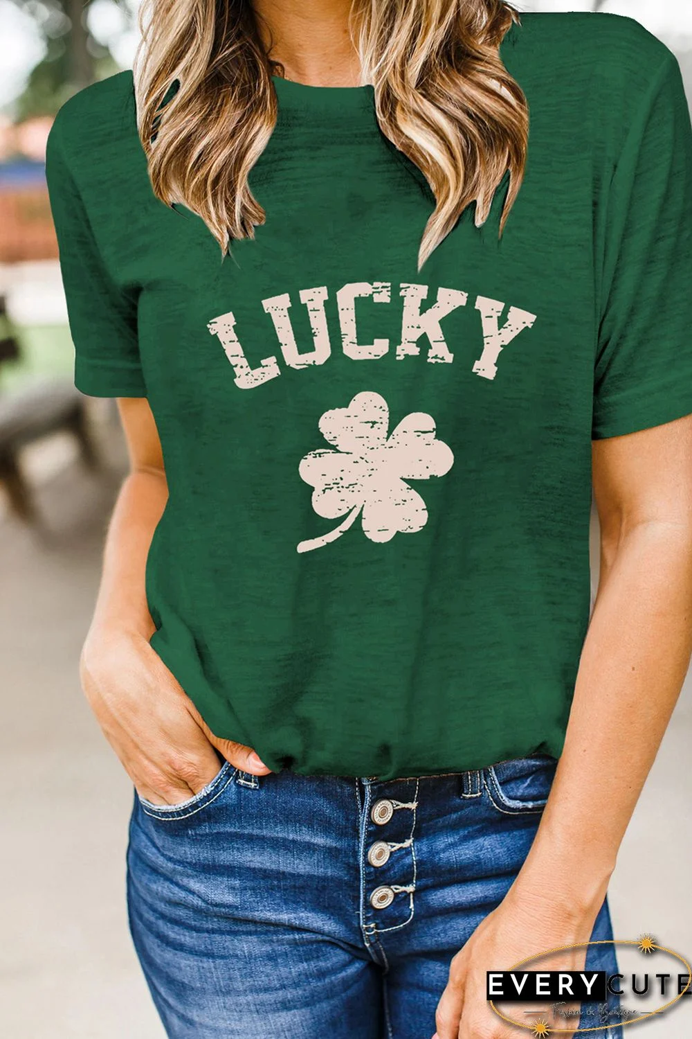 Green St. Patrick's Day LUCKY Clover Print Graphic T-shirt