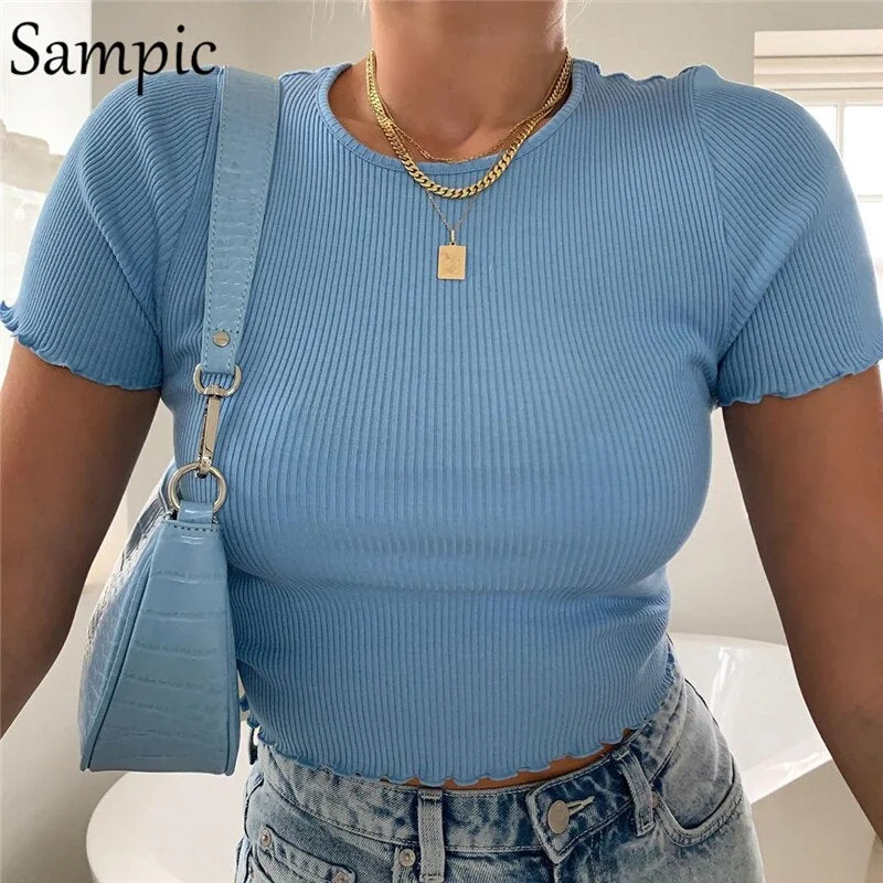 Sampic fashion t shirt outfits casual o neck knitted summer beach crop top women blue basic vest camis tank tops 2020