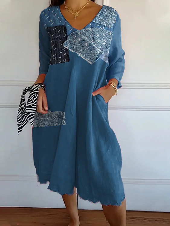 Women Patchwork Print Casual V-Neck 3/4 Sleeve Dress