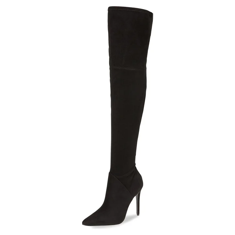 Black Thigh High Heel Boots Pointy Toe Vegan Suede Stiletto Heel Boots |FSJ Shoes
