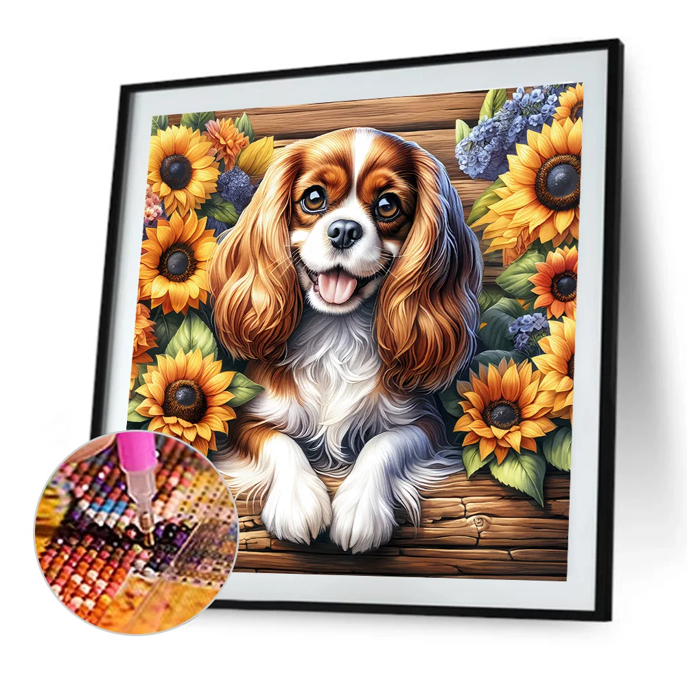 Diamond Painting - Full Round Drill - Sunflower King Charles Spaniel(Canvas|40*40cm)