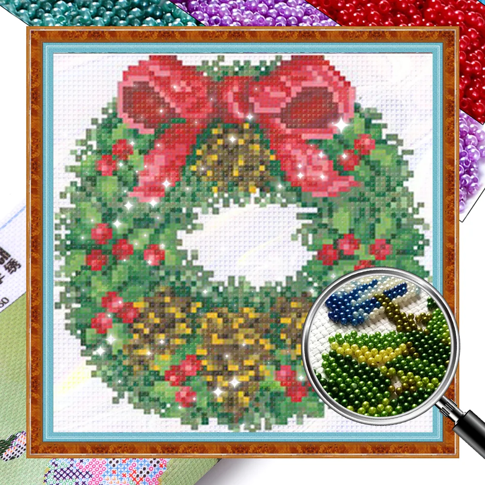 [Bead Embroidery] - 9CT Partial Stamped Cross Stitch - Xmas Wreath (21*21CM)