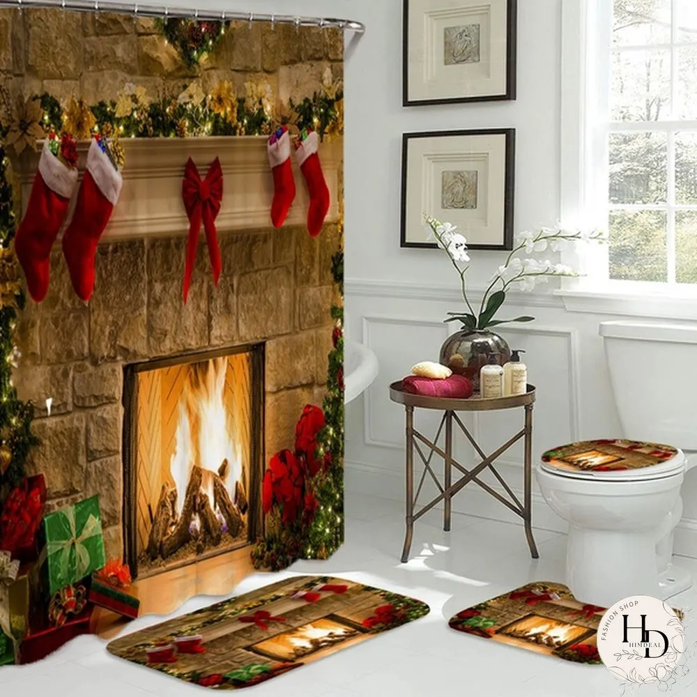 Watershed Christmas Shower Curtains Bath Mat Set Xmas Eve Fireplace Gifts Red Socks