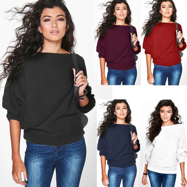 Fashion Ladies Casual Tops Long Sleeve Knit Sweater Loose Bat Sleeve Pullover Sweatshirt - Shop Trendy Women's Fashion | TeeYours