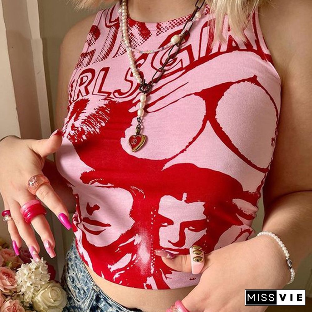 Women Trendy Portrait Letter Printed Tank Tops Summer Vest Female Round Neck Sleeveless Slim Fit Crop Tops