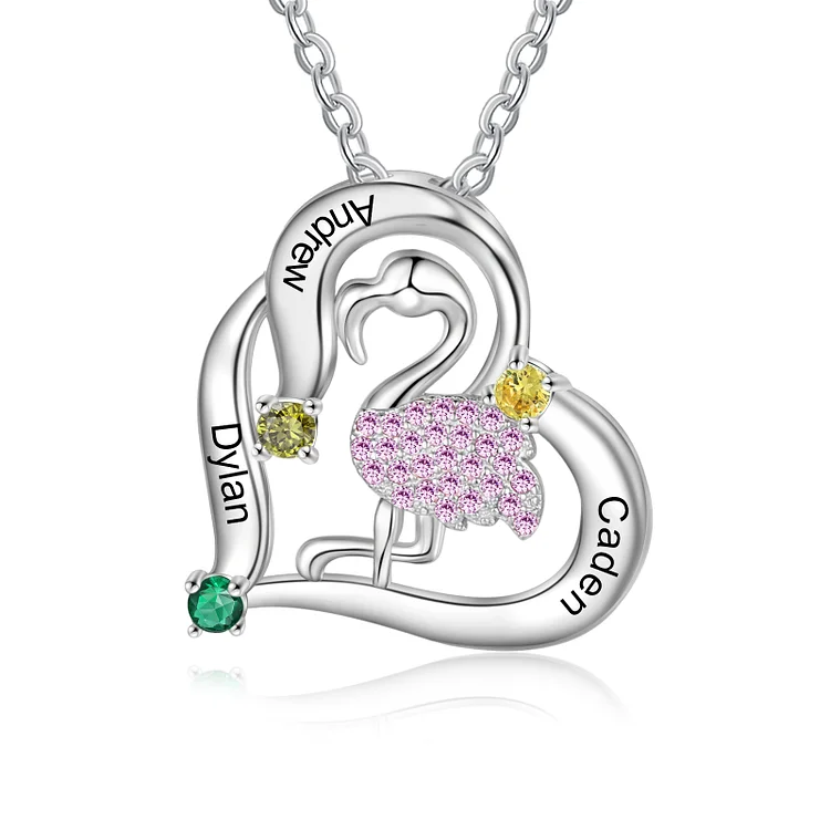 Flamingo Necklace Personalized 3 Birthstones and Names Women Necklace