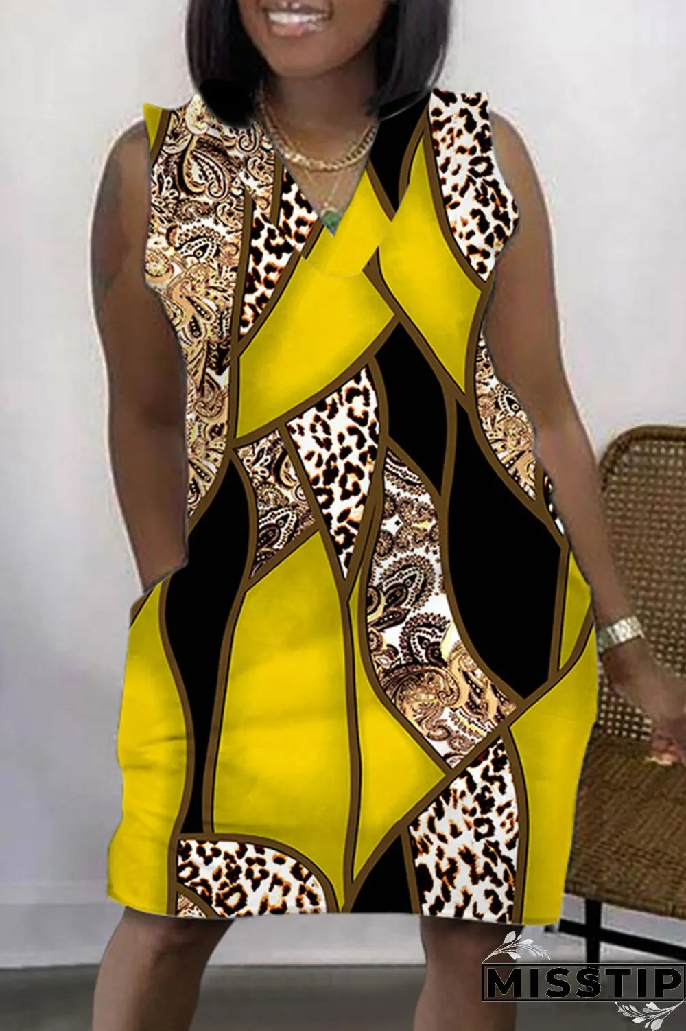 Purple Casual Print Patchwork V Neck Sleeveless Dress Dresses
