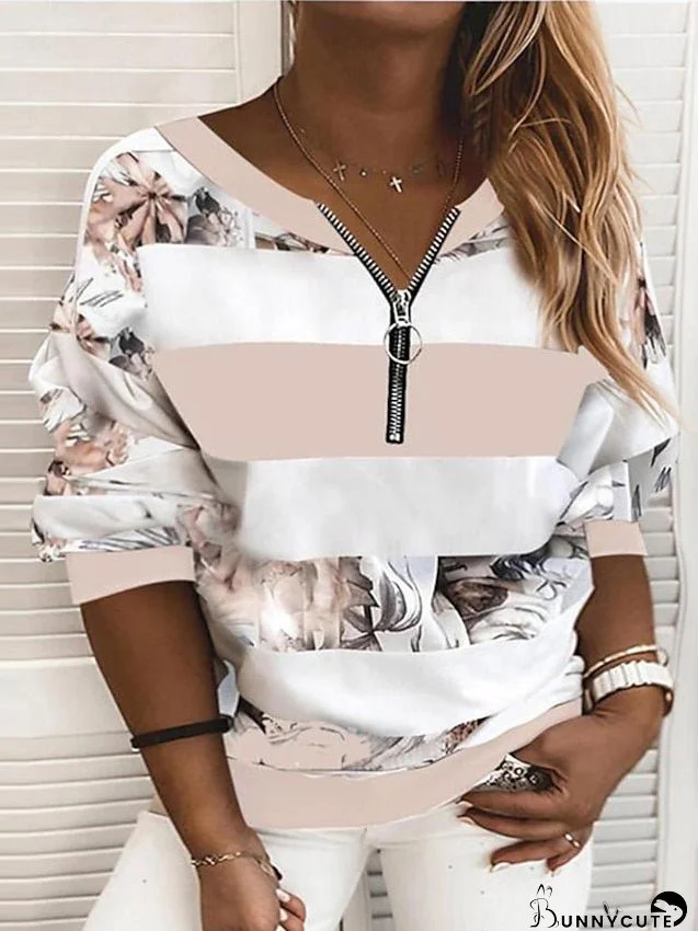 Blouse Yellow Pink Dark Blue Floral Striped Zipper Print Long Sleeve Daily Going out Casual V Neck Regular L for Women
